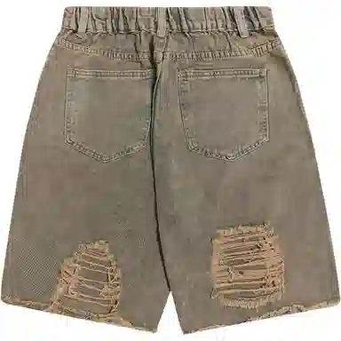 中国航天 重工水洗做旧擦脏破洞高街直筒宽松五分牛仔短裤 男女同款 黄泥色