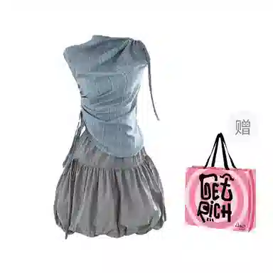 桴生 韩系半高领显瘦修身气质优雅时尚设计感小众蓝色条纹抽绳绑带衬衫无袖上衣高腰休闲宽松花苞短裙裙装套装 女款