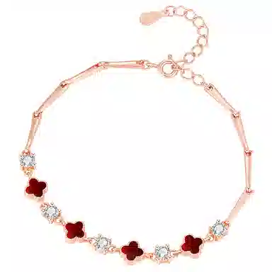 福茹记 幸运四叶草 红色闪钻新中式复古国风高级感小众设计 日常通勤百搭显白 玛瑙 玉石手链 女款