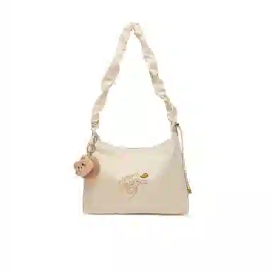 稻草人 春夏纯色高级质感小众少女褶皱 聚氨酯革 单肩斜挎包 女款 米白