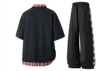 王者荣耀 梦奇款 美式格子撞色翻领拼接上衣褶皱伞兵伐木长裤两件套宽松时尚百搭短袖青少年高街痞帅潮流舒适休闲运动套装 男女同款