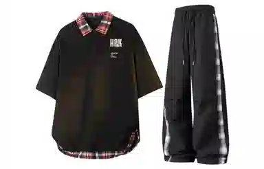 王者荣耀 梦奇款 美式格子撞色翻领拼接上衣褶皱伞兵伐木长裤两件套宽松时尚百搭短袖青少年高街痞帅潮流舒适休闲运动套装 男女同款