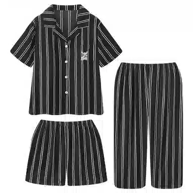 顶瓜瓜 冰丝短袖短裤翻领开衫可爱条纹凉感休闲家居服睡衣套装 女款