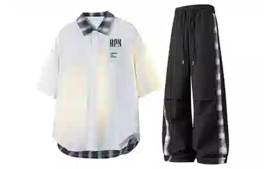 王者荣耀 梦奇款 美式格子撞色翻领拼接上衣褶皱伞兵伐木长裤两件套宽松时尚百搭短袖青少年高街痞帅潮流舒适休闲运动套装 男女同款