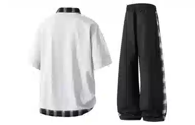 王者荣耀 梦奇款 美式格子撞色翻领拼接上衣褶皱伞兵伐木长裤两件套宽松时尚百搭短袖青少年高街痞帅潮流舒适休闲运动套装 男女同款