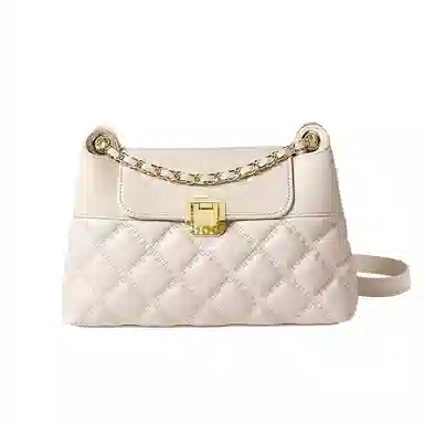 纳兰杜 包包女包潮流百搭精致通勤女生小众品牌 牛皮合成革 链条包菱格包单肩斜挎包小方包 中号 女款 米白色