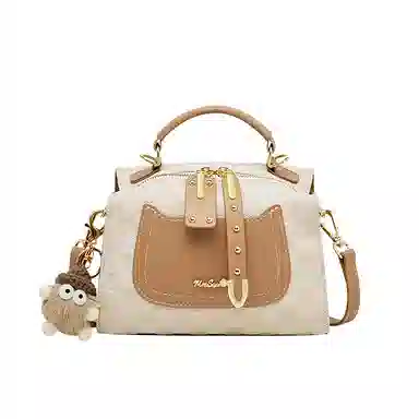 纳兰杜 女包撞色波士顿包包女大容量百搭通勤简约 牛皮合成革 手提包单肩斜挎包手拎包 小号 女款 米白拼杏