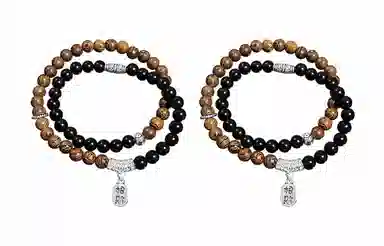 牧言 招财纳福 国潮复古民族风小众设计高级感 光面花纹圆珠镂空花丝祥云弯管流苏字牌双层叠戴手饰 鸡翅木 手串 男女同款情侣款