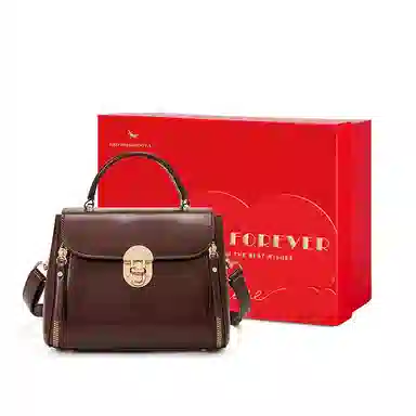 红蜻蜓 高级感经典设计气质百搭通勤妈妈老花 牛剖层皮革拼合成革 轻巧便携学院风女友斜挎包单肩包手提包 女款 咖啡色/黑色/奶昔白