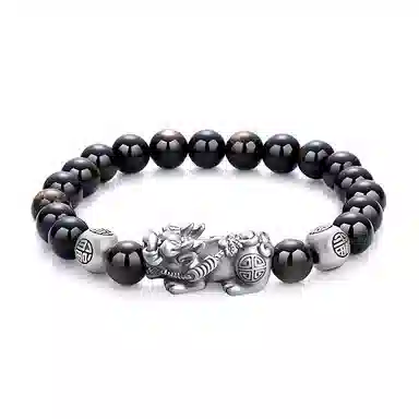 【招财好运】 熊银匠 瑞兽貔貅 吉祥如意 聚财纳福 新中式国潮复古高级感钱币福珠转运珠 男朋友 父亲 黑曜石 足银手串 男女同款情侣款