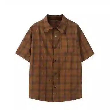 大卫贝肯 韩版复古格子基础款时尚休闲学院风小众褶皱设计随性慵懒感无性别主义宽松百搭轻薄凉爽透气日常通勤翻领短袖衬衫 男女同款