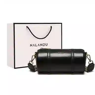 纳兰杜 复古高级质感潮流品牌小众百搭款 牛皮 圆筒包斜挎单肩包 中号 女款 棕色/子夜黑