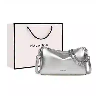 纳兰杜 小众设计高级感百搭款简约优雅潮流链条包 牛皮拼合成革 枕头包斜挎包单肩包 小号 女款 子夜黑/银色