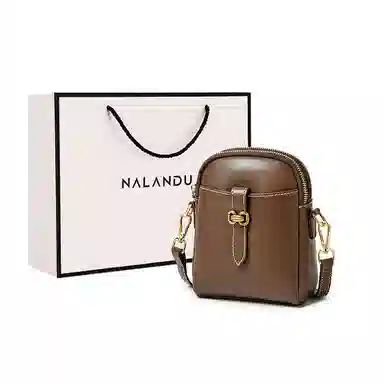 纳兰杜 原创五金设计时尚高级质感拉链开合 牛皮 斜挎单肩包手机包 迷你 女款 奶酪白配咖色/咖色