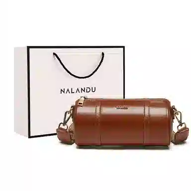 纳兰杜 复古高级质感潮流品牌小众百搭款 牛皮 圆筒包斜挎单肩包 中号 女款 棕色/子夜黑