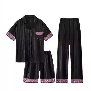 夏芬妍 简约高级感条纹蕾丝花边冰雪丝翻领家居服舒适亲肤宽松短袖三件套可外穿睡衣套装 女款