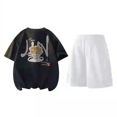 金贝勒 美式高街卡通动漫圆领落肩宽松短袖中腰系带短裤休闲运动套装 男女同款