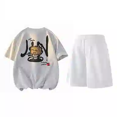 金贝勒 美式高街卡通动漫圆领落肩宽松短袖中腰系带短裤休闲运动套装 男女同款