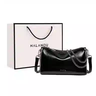 纳兰杜 小众设计高级感百搭款简约优雅潮流链条包 牛皮拼合成革 枕头包斜挎包单肩包 小号 女款 子夜黑/银色