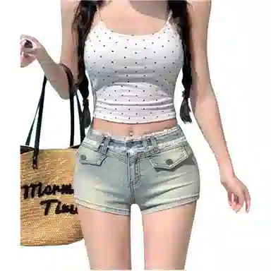 么宁 蕾丝拼接辣妹热裤低腰牛仔短裤 女款