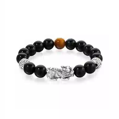 【S999足银纯银】好运貔貅 七七银饰  新中式  发财暴富  福气满满 平安顺遂招财纳福  简约大气天然 黑曜石 手串 男女同款情侣款