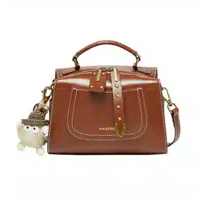 纳兰杜 包包女包高级感百搭潮流时尚简约通勤小众 牛皮拼合成革 波士顿包手提包单肩包斜挎包 中号 女款 棕色