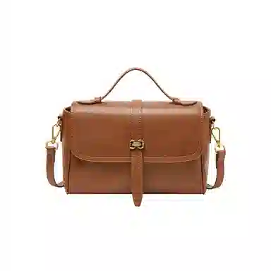 纳兰杜 高级感时尚百搭复古纯色简约小方包 牛皮拼合成革 单肩包斜挎包手提包 中号 女款 植鞣棕色