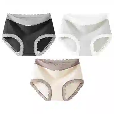二三二三 时尚简约透气无痕裸感不卡档不夹臀柔软舒适不勒高腰高弹包臀三角裤日常穿着亲肤法式撞色蕾丝性感纯欲内裤 女款 组合装