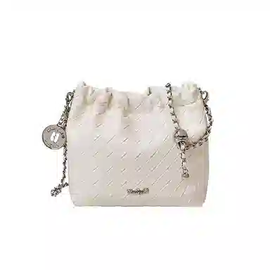 纳兰杜 潮流时尚百搭编织设计褶皱包 牛剖层革拼合成革 链条包斜挎包单肩包 小号 女款 子夜黑/米白色/太空银