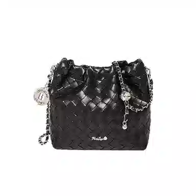 纳兰杜 潮流时尚百搭编织设计褶皱包 牛剖层革拼合成革 链条包斜挎包单肩包 小号 女款 子夜黑/米白色/太空银