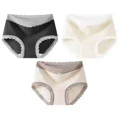 二三二三 时尚简约透气无痕裸感不卡档不夹臀柔软舒适不勒高腰高弹包臀三角裤日常穿着亲肤法式撞色蕾丝性感纯欲内裤 女款 组合装