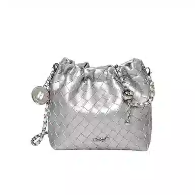 纳兰杜 潮流时尚百搭编织设计褶皱包 牛剖层革拼合成革 链条包斜挎包单肩包 小号 女款 子夜黑/米白色/太空银