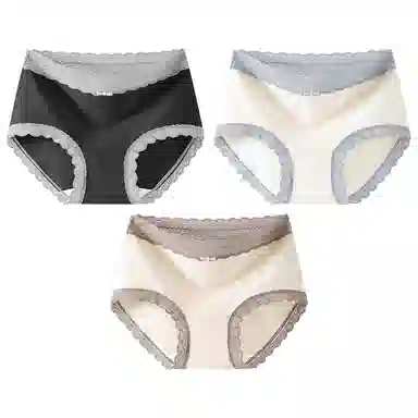 二三二三 时尚简约透气无痕裸感不卡档不夹臀柔软舒适不勒高腰高弹包臀三角裤日常穿着亲肤法式撞色蕾丝性感纯欲内裤 女款 组合装