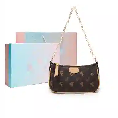 纳兰杜 麋鹿系列 品牌小众复古时尚高级质感麻将包高颜值满印撞色链条设计百搭 合成革 腋下包单肩斜挎包 小号 女款 咖色