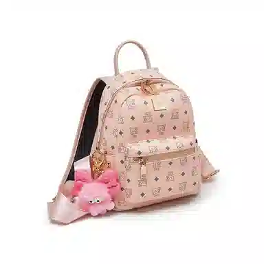 老人头 简约时尚猫咪印花日常通勤休闲百搭上课上班 合成革 双肩包 女款 棕色/粉色