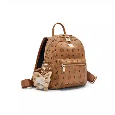 老人头 简约时尚猫咪印花日常通勤休闲百搭上课上班 合成革 双肩包 女款 棕色/粉色