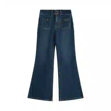 茵曼 复古喇叭双扣高腰长款牛仔裤 女款