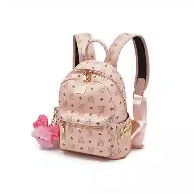 老人头 简约时尚猫咪印花日常通勤休闲百搭上课上班 合成革 双肩包 女款 棕色/粉色