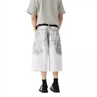 帝狼牛 美式高街背面泼墨阔腿七分裤直筒工装短裤 男女同款