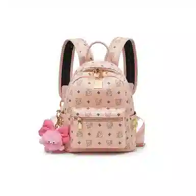 老人头 简约时尚猫咪印花日常通勤休闲百搭上课上班 合成革 双肩包 女款 棕色/粉色