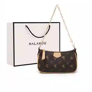 纳兰杜 麋鹿系列 品牌小众复古时尚高级质感麻将包高颜值满印撞色链条设计百搭 合成革 腋下包单肩斜挎包 小号 女款 咖色