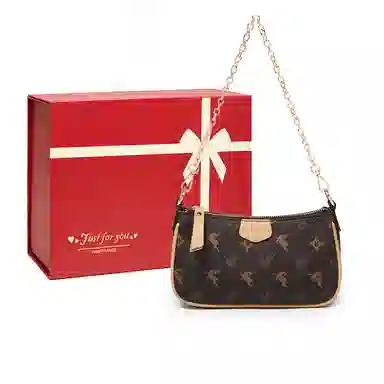 纳兰杜 麋鹿系列 品牌小众复古时尚高级质感麻将包高颜值满印撞色链条设计百搭 合成革 腋下包单肩斜挎包 小号 女款 咖色