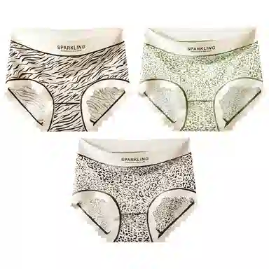 二三二三 性感豹纹印花吸湿排汗不卡档中腰高弹亲肤柔软无痕三角裤防夹臀不卷边透气不闷纯欲字母野性少女内裤 女款 组合装