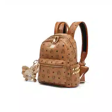 老人头 简约时尚猫咪印花日常通勤休闲百搭上课上班 合成革 双肩包 女款 棕色/粉色