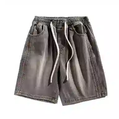 零氏 美式高街时尚做旧磨白设计休闲宽松系带五分牛仔短裤 男女同款