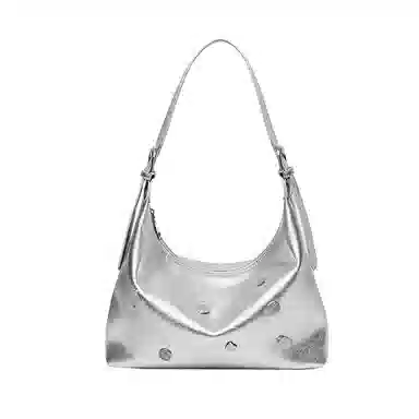 纳兰杜 大容量潮流甜酷少女百搭时尚高颜值小众 牛皮拼合成革 腋下包单肩包斜挎包托特包 大号 女款 银色/黑色