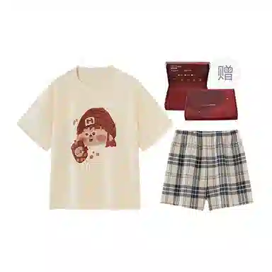 顶瓜瓜 棉质短袖短裤圆领套头卡通格子简约舒适情侣家居服夏季睡衣礼盒 男女同款