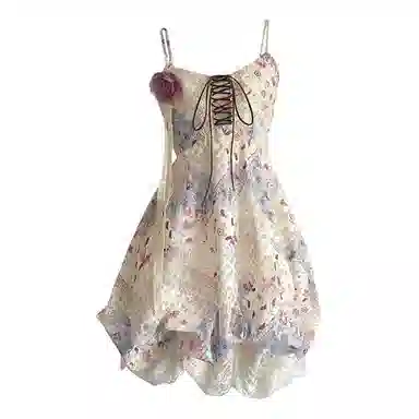 兰缪 甜妹可爱出游度假风碎花裙海边拍照出边晕染裙子高级设计感小个子可穿蓬蓬裙吊带连衣裙 女款