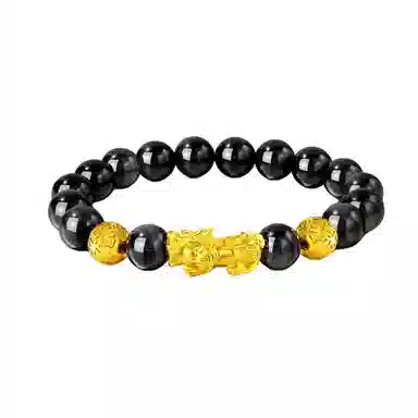 【S999足银纯银】 福韵金 六桂福 新中式招财纳福吞金兽国潮复古风平安顺遂步步高升八方来财转运珠时尚高级好运 黑曜石 手串 男款