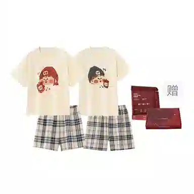 顶瓜瓜 棉质短袖短裤圆领套头卡通格子简约舒适情侣家居服夏季睡衣礼盒 男女同款